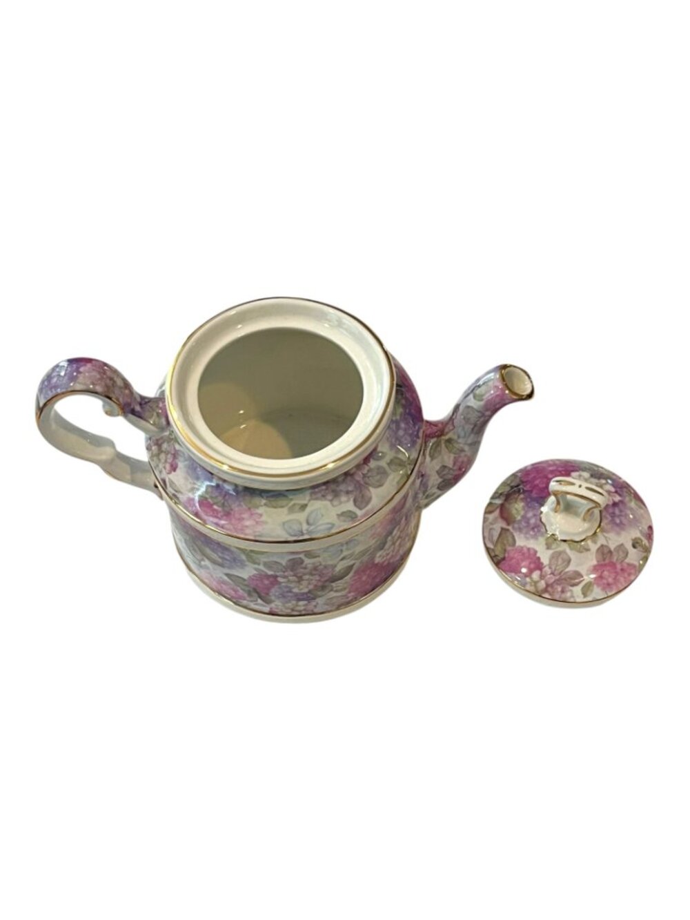 Vintage Crown Dorset Hydrangea Teapot Staffordshire England Gold Trim Gilt - Picture 7 of 8